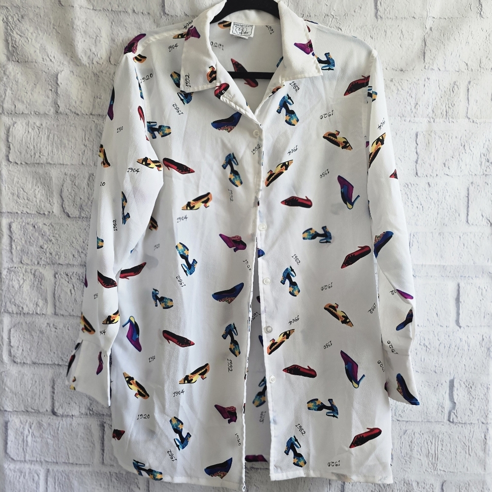 Personality Unique White Button Up Shoe Blouse Medium